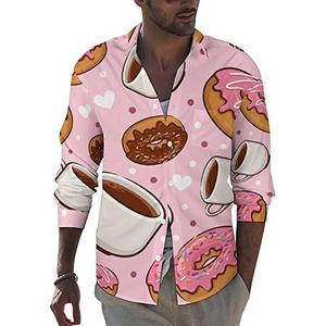 Sweet Donut En Koffiepatroon Heren Revers Shirt Lange Mouw Button Down Print Blouse Zomer Pocket Tees Tops M