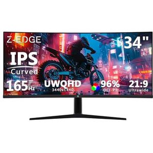 Z-Edge 34'' Gebogen Gamingmonitor, 3440x1440, 165Hz (DP1.4×2), IPS, 96% DCI-P3, 1ms, 21:9, Hoogte Verstelbaar/Kantelbaar, Roterend, 100Hz (HDMI2.0×2), FreeSync, VESA (DP-kabel meegeleverd)