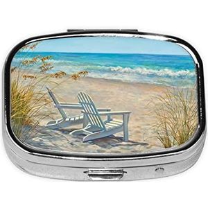 Mini vierkante pillendoos, medicijnorganizer, strandscène met stoelen, draagbare EHBO-doos, reispillendoos met 2 vakken, kleine pillendoos voor zak of portemonnee