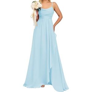 Prinses Bruidsmeisjes Jurken Spaghetti Bandjes Galajurken Chiffon Formele Avondfeest Maxi Jurk met Split ZM192, Lichtblauw, 32