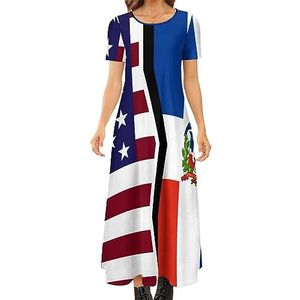 Amerikaanse en Dominica vlag dames zomer casual korte mouw maxi-jurk ronde hals bedrukte lange jurken 7XL