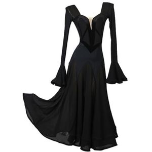 FZHQNZJF Balzaal Competitie Jurken Lange Mouw Wals Prestaties Outfit Dames Tango Foxtrot Opleiding Dans Kostuum Standaard Flamenco Dansende Kleding,zwart,L