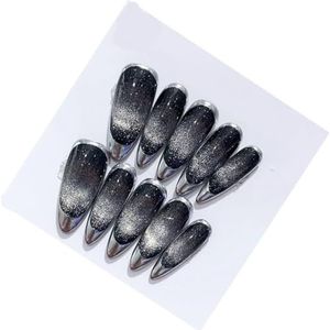 Handgemaakte pers op nagels Middellange waterdruppelvorm Franse zwarte kattenoog Verwijderbaar met nagels (Size : L)