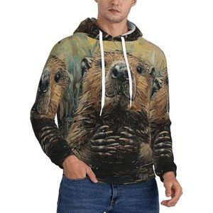 Jkkghll Beaver Print Heren Hooded Warme Lichtgewicht Trui Voor Winter Herfst En Lente Casual Wear, Zwart, XS
