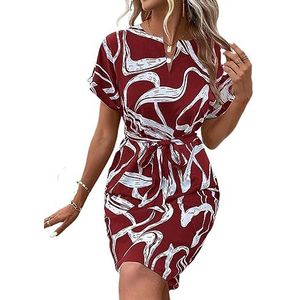 jurken voor dames Jurk met riem, grafische print en vleermuismouwen for dames (Color : rood, Size : XL)