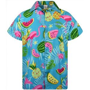 Hawaïaans shirt voor heren, JK-Fruity-Desing Flamingo's Meloenen, regular-fit shirt met korte mouw buttondownshirt voor vakantie of party, L