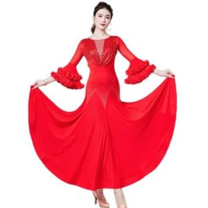 Yhsgscr Ballroom Performance Outfit met trompetmouwen Tango flamenco Dansjurk voor dames Foxtrot Big Swing Rok met strass steentjes Ronde hals Wals danskleding,Rood,3XL