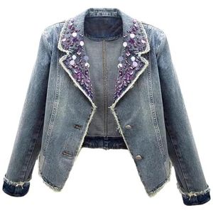 Pegsmio Pak Kraag Denim Jas Lente Vrouwen Slanke Korte Cowboy Bovenkleding Vintage Gerafelde Jeans Jas, Blauw, XL