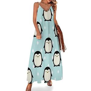 Cartoon pinguïn dames zomer maxi-jurk V-hals mouwloze spaghettiband lange jurk