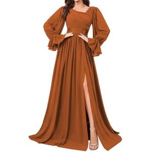 HPPEE Bruidsmeisjesjurken met lange mouwen en split geplooide chiffon formele avondjurk feestjurk, Verbrand Oranje, 32