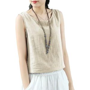 Dvbfufv Damesmode O-hals effen kleur mouwloze T-shirts vrouwen zomer losse Koreaanse casual shirt tops, Beige, L