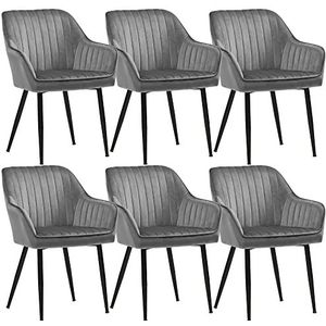 SONGMICS Eetkamerstoel, set van 6, fauteuil, loungestoel, met armleuning, bekleding van fluweel, zitbreedte 49 cm, belastbaar tot 110 kg, metalen poten, voor de eetkamer, lichtgrijs-zwart LDC087G03-6