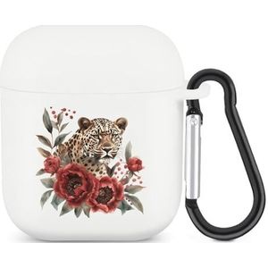 Luipaard in Rode Pioen Bloemen Leuke Case voor AirPods 2&1 Schokbestendige Beschermende Hoofdtelefoon Gevallen Cover Met Sleutelhanger Voor Mannen Vrouwen