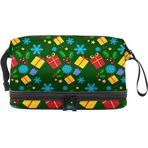 Grote capaciteit reizen cosmetische tas,Make-up tas,Waterdichte make-up tas Organizer, Kerstmis groene geschenkdoos patroon, Meerkleurig, 27x15x14 cm/10.6x5.9x5.5 in