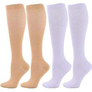 Compressiekousen voor dames en heren, 2/3/4/6 paar, 20-25 mmHg kniekousen, compressiekousen voor sport, atletisch, oedeem, diabetes, spataderen, reizen, zwangerschap, verpleging, 2 paar-huid wit, XXL