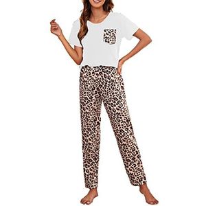 Damespyjama Ademende Lange Broek V-hals Softtop Comfortabele Pyjama voor Dames Luipaardprint Moderne Nachtkleding voor Thuis (L)