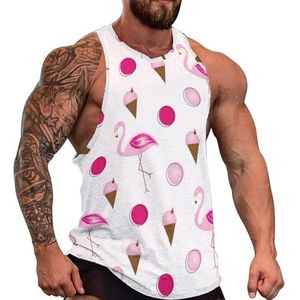 Flamingo's And Ice Cream Tanktop voor heren, grafische mouwloze bodybuilding-T-shirts, casual strand-T-shirt, grappig sportschool-spierweefsel