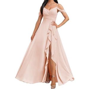 HPPEE Koude Schouder Bruidsmeisjes Jurken met Split Ruches A-lijn Chiffon Formele Avondfeestjurk, Blush Roze, 32