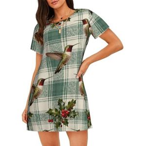 Zelinge Nachtjapon Voor Vrouwen Slaap Tee Nachtshirt Slaap Shirts Dames Nachtkleding S-3XL, Groene geruite kolibrie, S