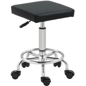 HOMCOM Vierkante rolkruk, in hoogte verstelbare PU-lederen salonstoel met gewatteerde zitting en voetsteun, draaibare schoonheidskruk op wielen voor spa-opstelling, salon, tattoo, werkmassage, zwart