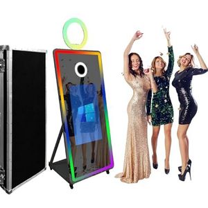 WideMeet Spiegel Fotocabine Selfie Led Frame Draagbare Touchscreen Magic Spiegel Cabine Machine voor Bruiloft Feest Evenementen (65 inch Zwart+Flight Case)