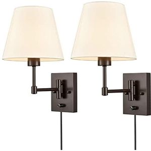 2 stuks vintage muurlamp binnen met stekker en schakelaar, Retro verstelbare muurlamp bedlamp met snoer muurleeslamp, witte stoffen kap, E27 industriële lamp voor woonkamer slaapkamer, zwart