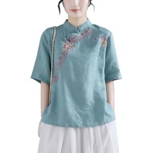 Etnische Stijl Prachtige Geborduurde Top Dames Plus Size Losse Shirts Met Halve Mouwen Chinese Traditionele Hanfu Blouse (Color : Green, Size : 3XL)