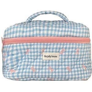 Geruite schattige cosmetische tas met rits make-up organizer opbergtas katoen gewatteerde cosmetische organizer tas voor vrouwen en meisjes, Lichtblauw, L, esthetische/bloemen