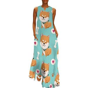 Leuke hond hart print dames enkellengte jurk slim fit mouwloze maxi-jurk casual zonnejurk L