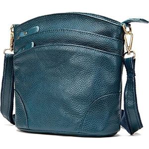 Lederen Emmer Schoudertas Voor Vrouwen Mode Crossbody Tas Leisure Zachte Multi Pocket Messenger Bag, Blauw