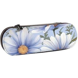 BONDIJ Dragonfly en Bloemen Gedrukt Lederen Potlood Pouch, Grote Capaciteit Pen Zakken Leuke Etui Cosmetische Organizer Tas met Rits, Daisy Blauw, Eén maat, Munten Pouch