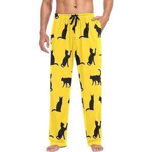 LI ZHI XIN Herenpyjamabroek, lange pyjamabroek, lente, herfst, dunne losse stijl, elastische tailleband met zak, S-XXL, schattig kattenpatroon, Meerkleurig, S