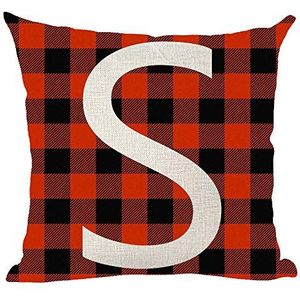 Alfabet Letter S rood en zwart buffel geruite achtergrond decoratieve sierkussen hoes kussen thuis woonkamer bed bank auto katoen linnen vierkant 45,5 x 45,5 cm