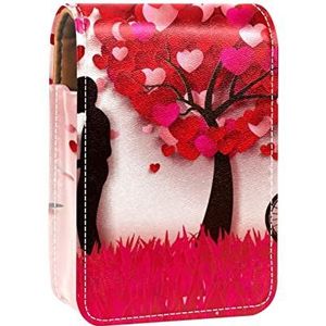 Rood Roze Minnaar Boom Fiets Valentines Draagbare Lipstick Case voor Reizen,Mini Lipstick Opbergdoos met spiegel voor Vrouwen Dames, Lederen Cosmetische Pouch, Meerkleurig, 9.5x2x7 cm/3.7x0.8x2.7 in