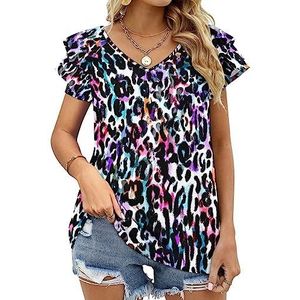 Abstract luipaard dierenprint dames casual tuniek tops ruches korte mouwen T-shirts V-hals blouse T-shirt