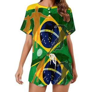 Voetbal Braziliaanse vlag zachte dames pyjama korte mouw pyjama loungewear met zakken cadeau voor thuis strand 4XL