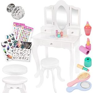 Kinderplay GS3302 Grote make-uptafel voor kinderen en meisjes, met spiegel en kruk, toilettafel met accessoires, wit voor kinderen