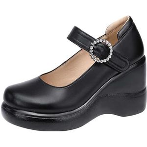 Mary-Jane-schoenen met ronde neus voor dames, dikke zool, leren schoenen, plateaupumps, modieus, klassiek, elegant, comfortabele schoenen, zwart, 37 EU