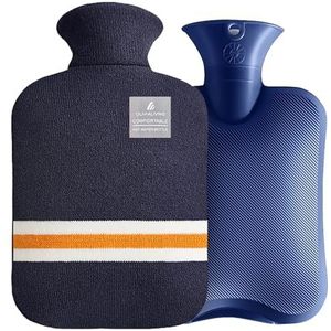 OliviaLiving Warmwaterkruik met klassieke gestreepte hoes, 2 liter warmwaterzak voor menstruatiekrampen, nek- en schouderpijnverlichting, warme en koude therapieën, handvoetwarmer