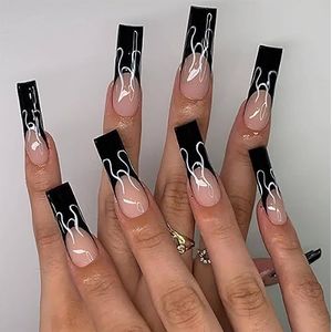 Coffin False Nails French Long Fake Nails Flame Press on Nails Ballerina Acrylic Stick on Nails 24pcs for Women and Girls,Pink&Black