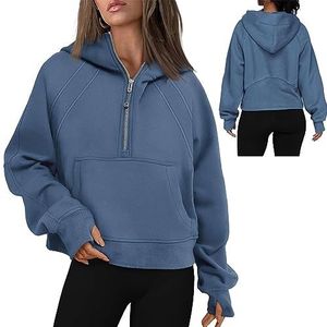 Vrouwen Cropped Hoodies Kwart Half Zip Cropped Hoodies Sweatshirts Zip Up Pullover Sweaters Duim Gat Workout Hoodie Zip Up (Color : Dark Blue, Size : XL)