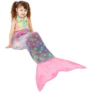 Glow in the Dark Zeemeerminnenstaart Deken, Zachte Warme Pluche Fleece Slaapzak Knuffeldeken, 155 x 50 cm Visschubpatroon, Sterrenhemel