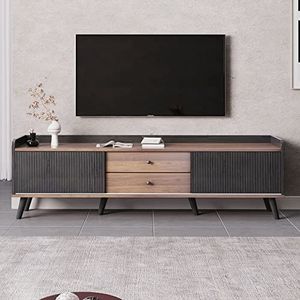 Idemon Tv-kast met twee laden, TV tafel TV board, TV Lowboard lage plaat met twee schuifdeuren. Prachtige textuur. H58 / L160 / T40 cm (zwart en hout)