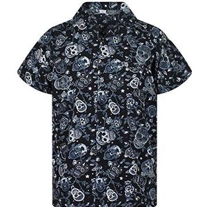 V.H.O. Funky Hawaïhemd voor heren, korte mouwen, zak aan de voorkant, Hawaii-print, sugarskulls, doodshoofden, rozen, Schedel zwart, 3XL