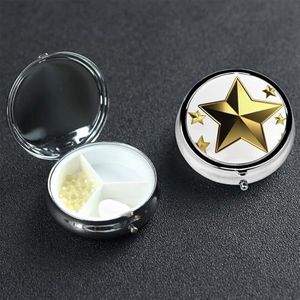 Kleine pillendoos 3 compartimenten, gouden ster pillendoos dagelijkse metalen draagbare pillenorganizer voor zakportemonnee, reispillendoos met spiegel, ronde medicijnvitaminehouder, uniek cadeau
