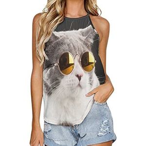 Mode Bril Katten Vrouwen Tank Top Zomer Mouwloze T-shirts Halter Casual Vest Blouse Print Tee S