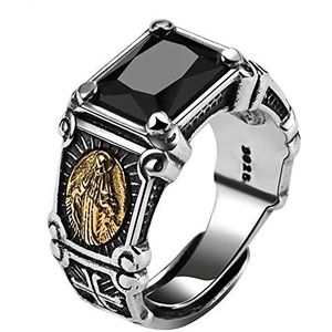 HQLCX Ringen, vintage echte 925 sterling zilver zwarte stenen ringen man vrouwen maagd Maria ringen zirkonia onyx sieraden, open maat, metaal