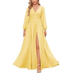 KURFACE Bruidsmeisjesjurken met lange mouwen en split geplooide chiffon formele jurk met mouwen formele jurk, Geel, 32