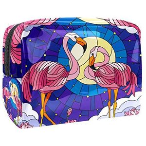 Draagbare Make-up Tas met Rits Reizen Toilettas voor Vrouwen Handige Opslag Cosmetische Pouch Flamingo Gebrandschilderd Glas