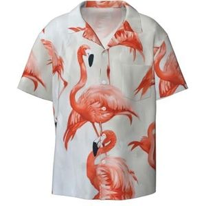 Flamingo's op witte print heren button down shirt korte mouw casual shirt voor mannen zomer business casual overhemd, Zwart, XL